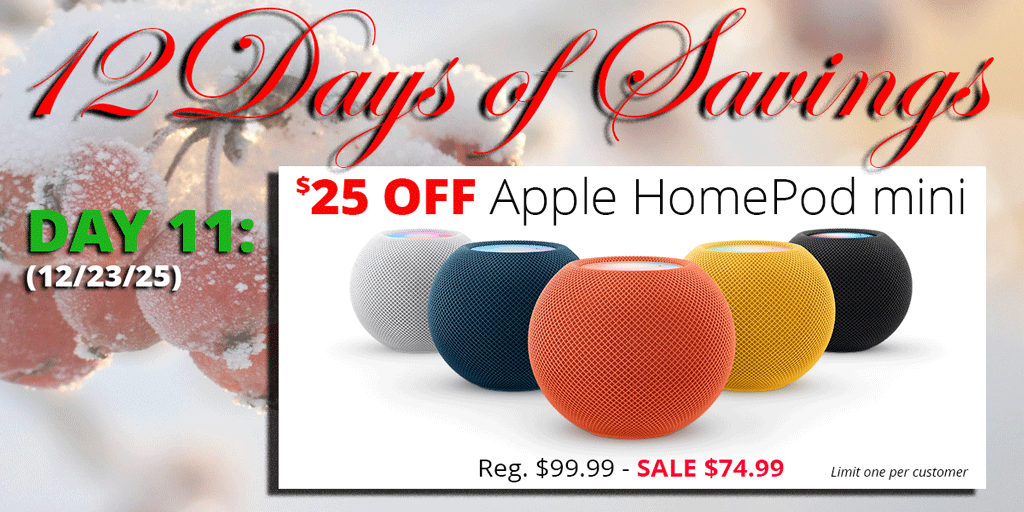 It's #Day11 of #ConnectingPoint's 12 Days of Savings (12/23/25)! Save $25 on Apple HomePod mini smart speaker. Reg. $99.99; sale $74.99. Limit one per customer. | tinyurl.com/29v3fmm8
.
#Apple #GiftIdeas #HomePodMini #MedfordOregon #RogueValley #sale #TwelveDaysOfSavings