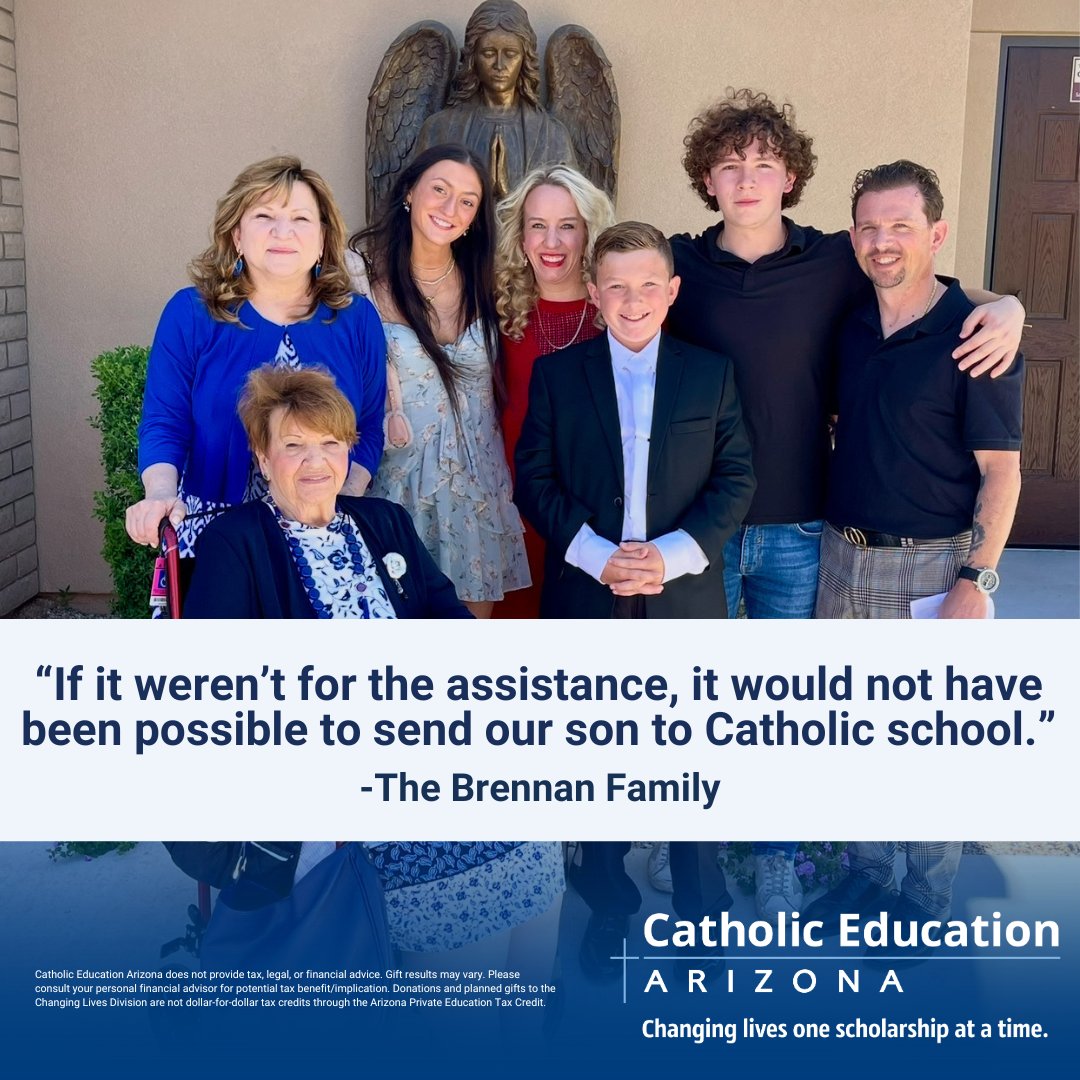 The Brennan Family is one of many impacted by your support! Read the Brennan's story at bit.ly/3XyhMxA 
Tax Year 2025 credits can be contributed through April 15, 2026. #CatholicEducationArizona #Arizona #Education #Scholarships #ArizonaTaxCredits
