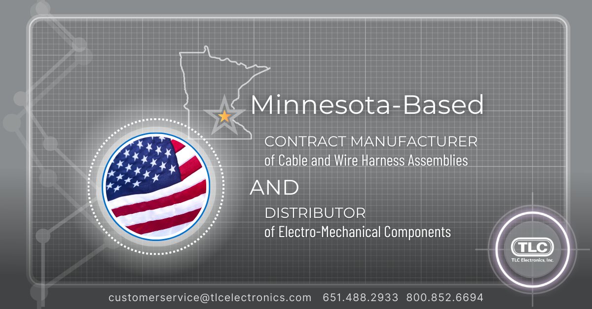 🟦 TLC is your contract manufacturer of cable and wire harness assemblies AND distributor of electro-mechanical components.

Connect with TLC Electronics. We really will take if from there!
📳 651.488.2933 | 800.852.6694
📧 customerservice@tlcelectronics.com