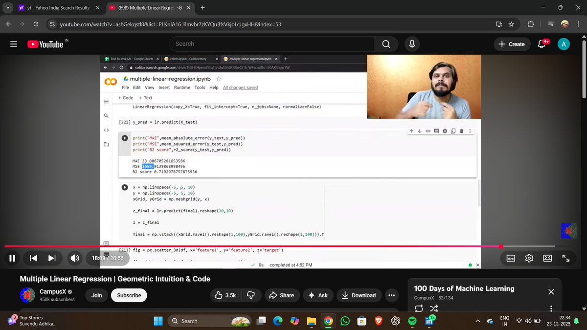 Ansh_niranjan1's tweet photo. #Day_35 of ML series

Multiple Linear Regression today:
> Practical implementation
> Error metrics (MAE, MSE, R²)
> Mathematical formulation from scratch

Slowly connecting intuition with equations. https://t.co/rkqAIwnQIl