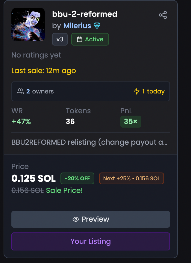 Listed one of by best winning config from  <a href="/alpha_gardeners/">Alpha Gardeners</a>  backtester.alphagardeners.xyz/?listing=197

Focused on criminal bundled launch with a low trust score, caught MEC (Mert Cash), <a href="/PUMP_V_2/">PUMP2</a>, $AURA and few others with a solid 50% WR.

🚀 Ready to snipe like a pro? Join us: