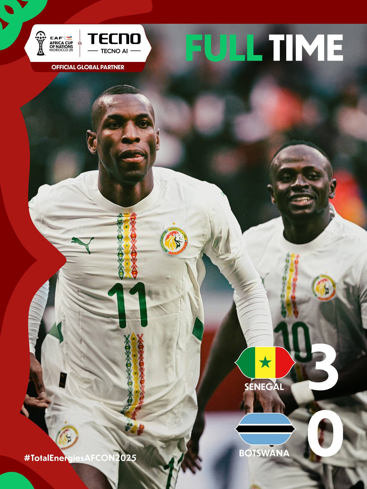 أسود السنغال يستهلون مشوارهم في كأس الأمم الأفريقية المغرب2025 بفوز على بوتسوانا بثلاثية نظيفة. 