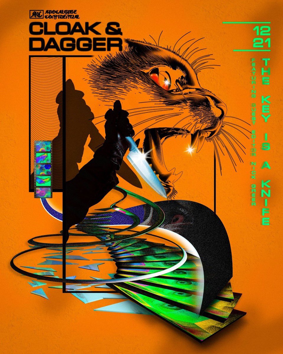 ThraxMaximilian's tweet photo. A recap of @APCON_MAG’s four specials this year.

Start with the brand new CLOAK &amp; DAGGER, then go back to C0PPER_W1RE, THE CHEMISTRY, and S-WORD. 

All artwork by Robert Voyvodic.

See you in 2026! https://t.co/alL2QsBWiG