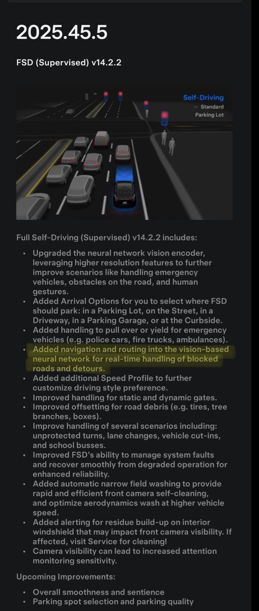 DanBTC916's tweet image. This is probably one of the coolest hidden features of $TSLA FSD 14.

Real time handling of blocked roads and detours utilizing what other Tesla vehicles in the fleet are seeing.

Perfect use case of AI vision.