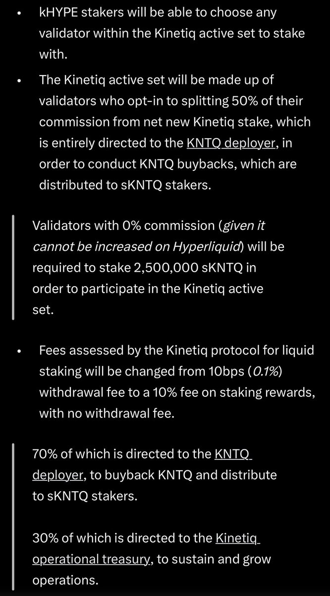 tldr;

<a href="/kinetiq_xyz/">Kinetiq</a> is a machine. 

It’s existence is synergistic to Hyperliquid and synonymous with its success. The materialization of its value from the entire product suite to KNTQ buybacks -> sKNTQ stakers is the largest economic step in communicating this.

“Kinetiq is just