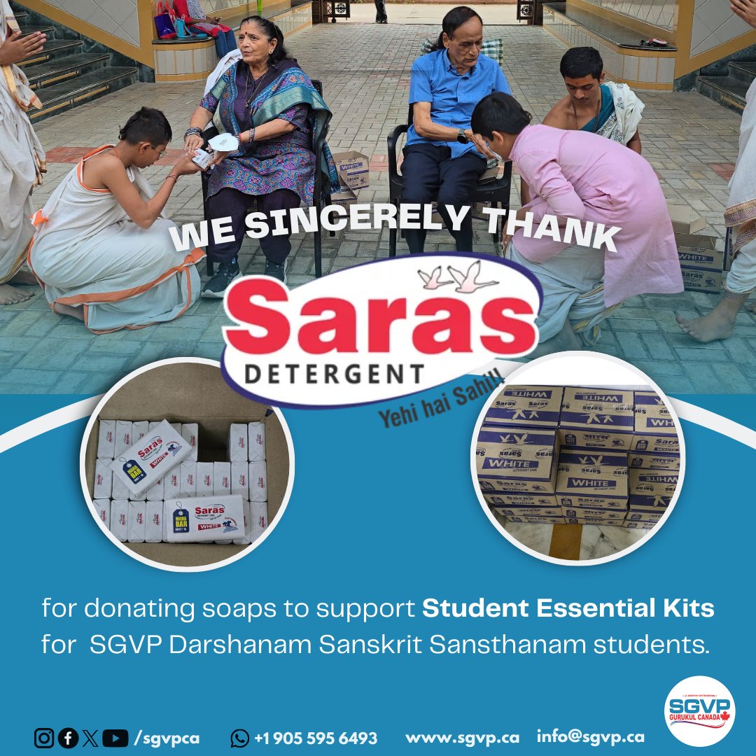 A heartfelt thank you to <a href="/sarasdetergent/">SARAS INDUSTRIES</a> for their generous donation of soaps toward the Student Essential Kits initiative for SGVP Darshanam Sanskrit Sansthanam students. Your contribution plays a vital role in supporting our student well-being!🙏

#SGVP #ThankYouDonor