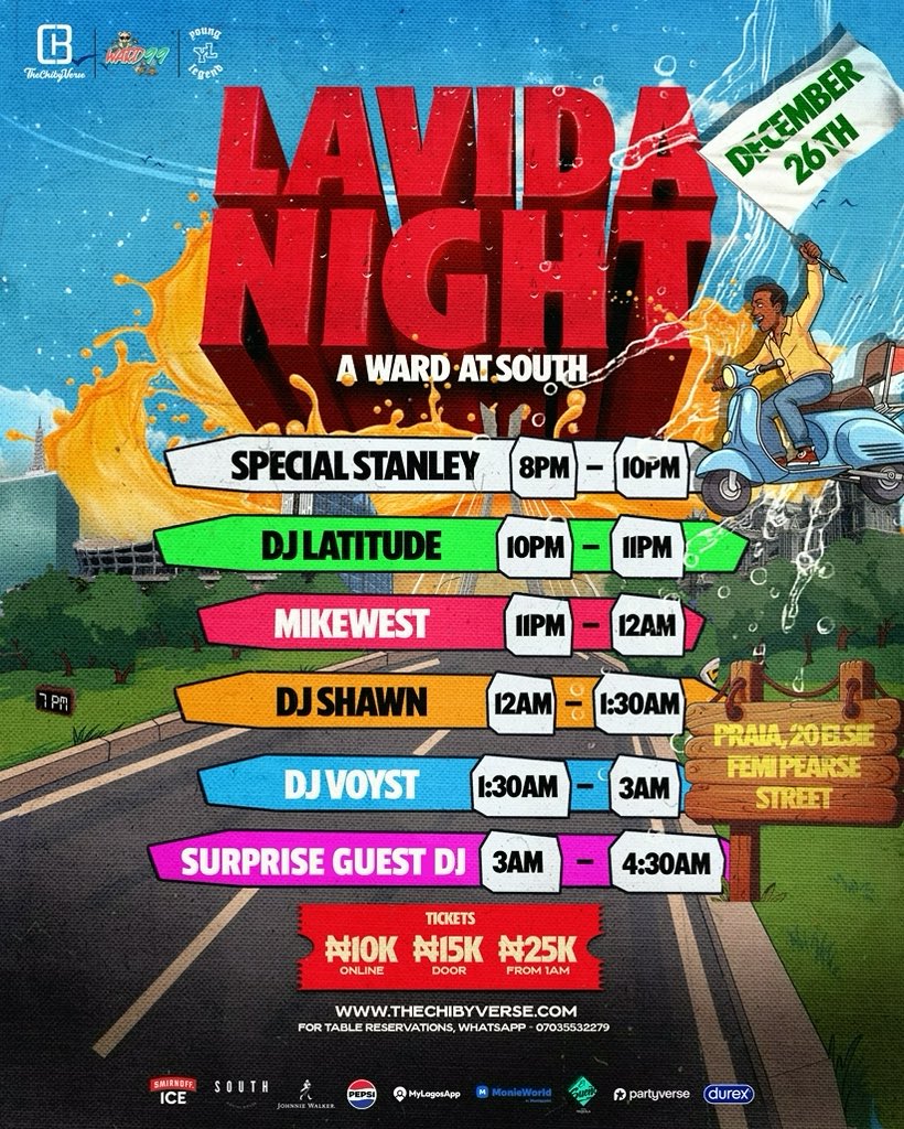 South Socials, we’re back with a twist this Friday with Lavida Night: A Ward at South ❤️‍🔥🚀
Music: <a href="/DeeJayShawn_/">DJ Shawn</a> | <a href="/djvoyst/">VOYST</a> | <a href="/dj_latitude/">AYO !</a> | <a href="/SpecialSTANLEY_/">Special</a> | <a href="/mikewestnyc/">MIKEWEST🐘</a> | A surprise guest DJ 👀
Hypemen: <a href="/Yannysvibe/">King of Vibes 👑</a> | <a href="/DavidEbukae/">IBEH</a> | <a href="/Aksmuth/">Ak SMUTH #thehypeoftheparty</a> | <a href="/tobyshang/">TOBY SHANG THE BEST 🏆</a>