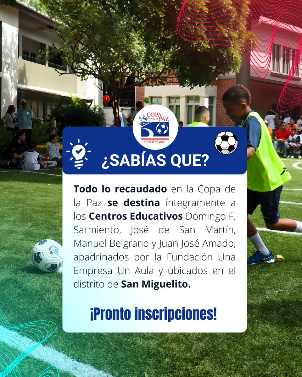 ⚽Copa de la Paz 🏆🕊️
Todo lo recaudado se destina 100% a fortalecer la educación de centros educativos en San Miguelito, apadrinados por la Fundación #UnaEmpresaUnAula.

Deporte que une, educación que transforma.
👉 ¡Pronto inscripciones!

#CopaDeLaPaz #Futbol #Valores #Panama