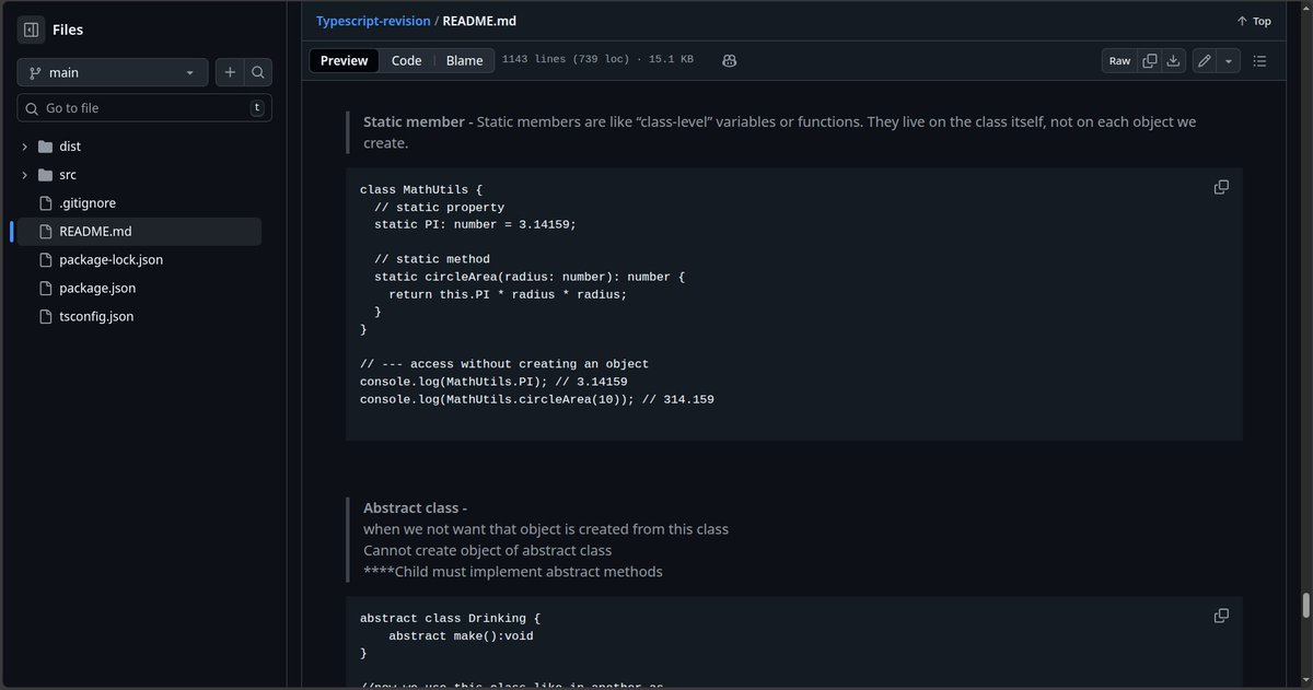 aadii_tw's tweet image. Revising OOP in TypeScript @ChaiCodeHQ @Hiteshdotcom ✅

• this → current object
• private / protected / readonly
• Getters/Setters → controlled access
• static → class-level
• abstract → blueprint
• Inheritance → extends
• Composition.

#typescript #LearningInPublic