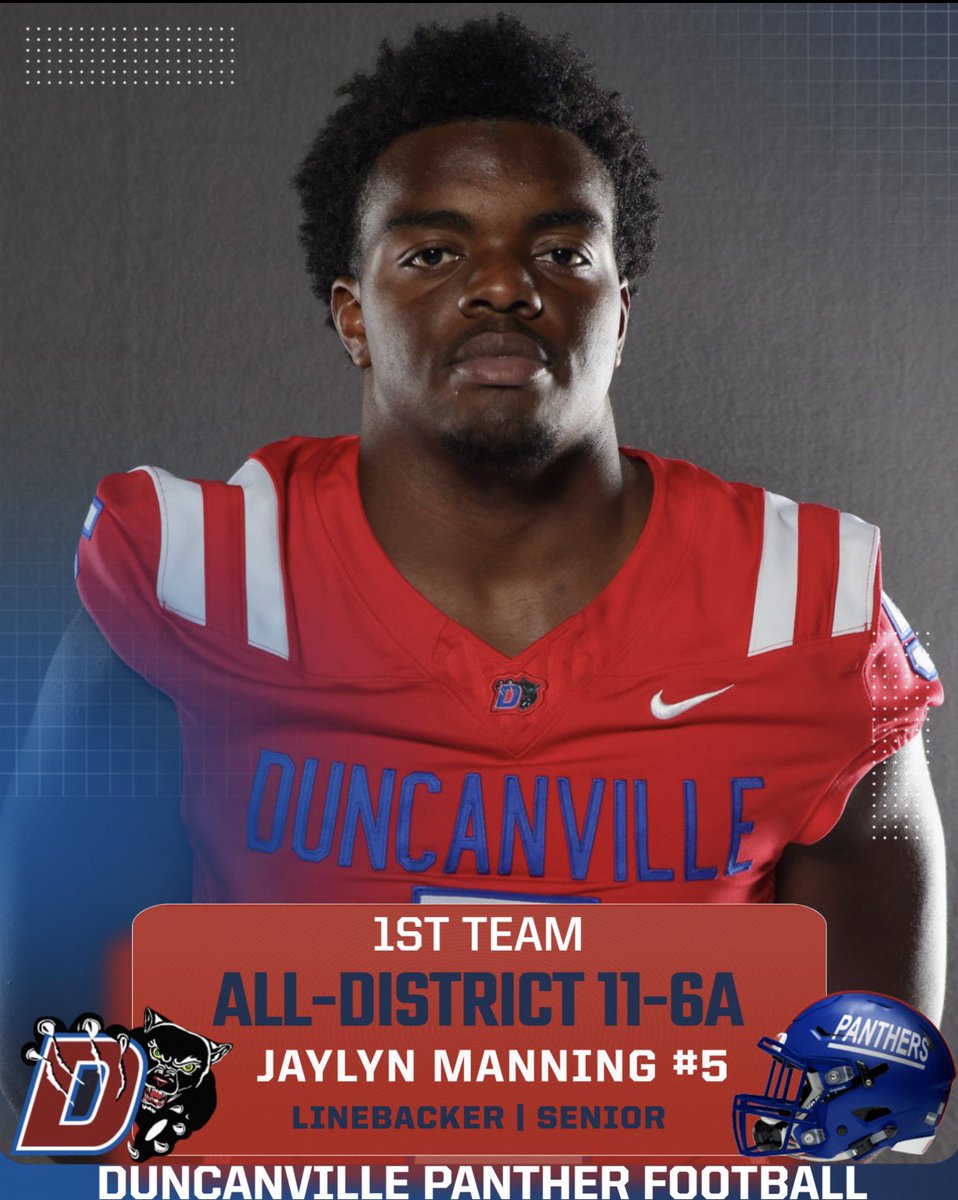 Duncanville_FB's tweet photo. 🐾 CONGRATULATIONS! 🐾

Jaylyn Manning (#5)
🏆 1st Team All-District 11-6A
Linebacker | Senior
Duncanville Panther Football

A true leader in the middle, relentless and inspiring on every play. Your hard work and leadership earned this recognition—proud of you, Panther! 💪🐾 https://t.co/0NMNufWLIs