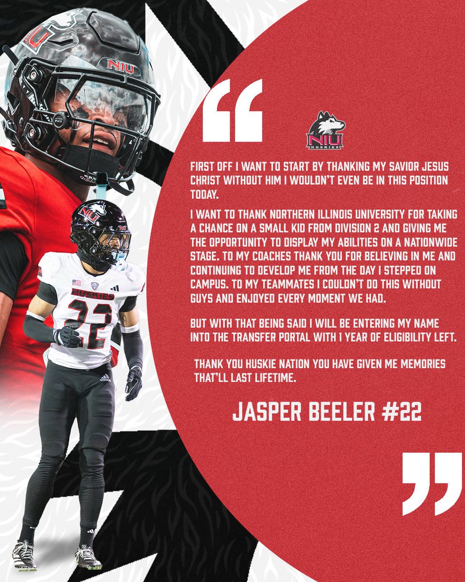 After careful consideration I’ll be entering my name into the portal with 1 year of eligibility left.

6’2 194 FS/SS

 2025 stats: 77 tackles, 1 FF, 2.0 TFL, 3 INT, 2 PBUS, 0.5 Sacks

Contact Information: 248-880-2738
Jasperchad234@gmail.com