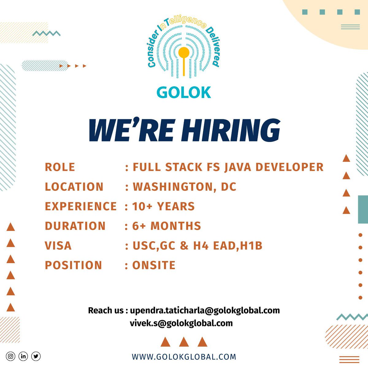 GolokGlobal's tweet image. 🚀 We’re Hiring: Senior Full Stack Java Developer
🔧 Role: Senior Full Stack Java Developer
📍 Location: Washington, D.C.
💼 Experience: 10+ Years
📩send your resume Upendra.Taticharla@golokglobal.com
#Hiring #SeniorJavaDeveloper #FullStackDeveloper  #JavaJobs #WashingtonDC
