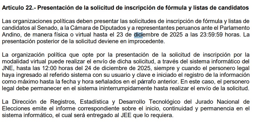 No esperen el último minuto. La norma es clara. Las organizaciones políticas deben presentar sus listas completas hasta las 23:59:59 del día de hoy, de manera física o virtual. Es claro que uno de los motivos de la demora son los puestos para los "designados". Si un partido no