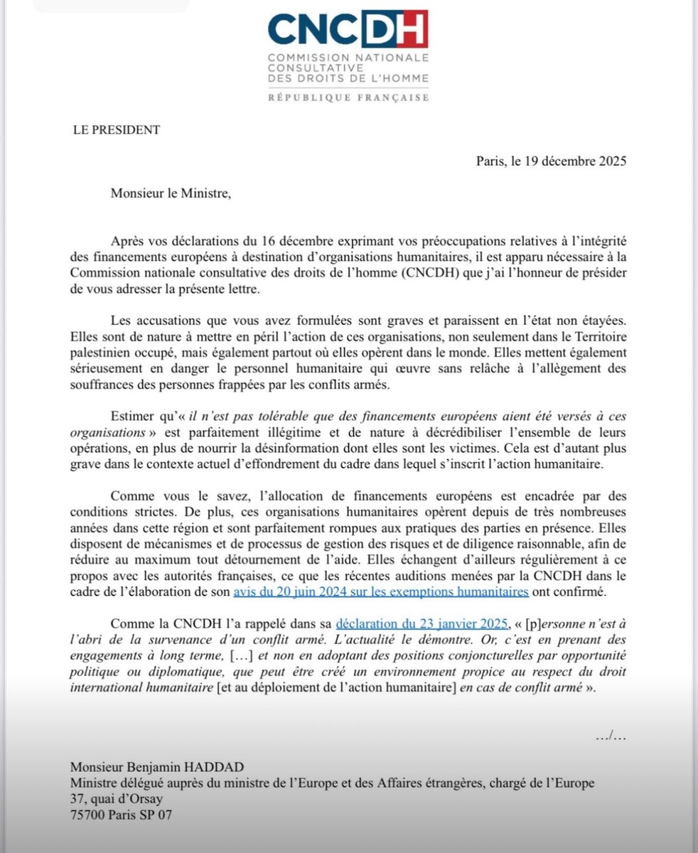 RimaHas's tweet image. . @benjaminhaddad utilise sa tribune de ministre délégué chargé de l’Europe pour relayer les éléments de propagande israélienne. Dans ce courrier que lui adresse la Commission Nationale Consultative des Droits Humains le 19 décembre, elle l’interpelle sur ce manque de neutralité…