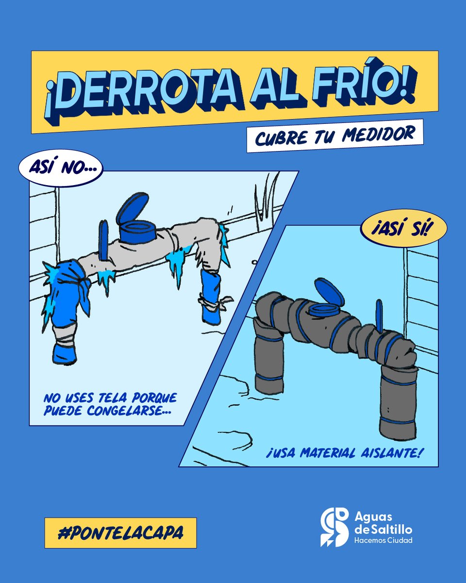 ¡Hasta los héroes necesitan consejos!
Al cubrir tu medidor y tuberías de agua, evita usar cartón o tela. Estos materiales absorben agua y retienen humedad, lo que provoca que se congelen y pueden generar fugas de agua.

#Saltillo #PonteLaCapa