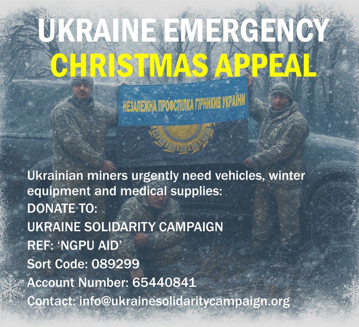 Our fundraising for the aid our delegation delivered last month has just finished. We'll be launching new appeals in the new year, but NOW an urgent request for funds to supply Ukrainian miners with vehicles, winter equipment &amp; medical supplies

You can donate via our account 🧵