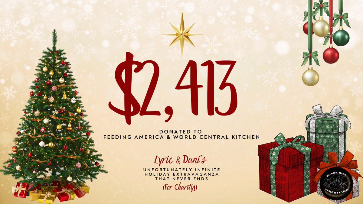 LyricWrestling's tweet image. Yesterday was incredible! We raised $2,413 for Feeding America and World Central Kitchen to provide meals for families in need 🎁

@BlkGrlWrestling, my sister, my friend. I’ll never stop being in awe of the chaotic magic we create together. 

📺: youtube.com/live/7nDyqL2y4…