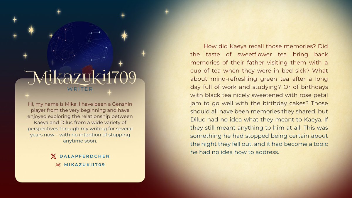 ✨ CONTRIBUTOR SPOTLIGHT ✨

Our next contributor is writer Mika (@dalapferdchen)! Mika is deep in the trenches of Kaeya and Diluc's history, and Mika will be sure to show us Mika's vision for their relationship through Mika's fic in our pages~