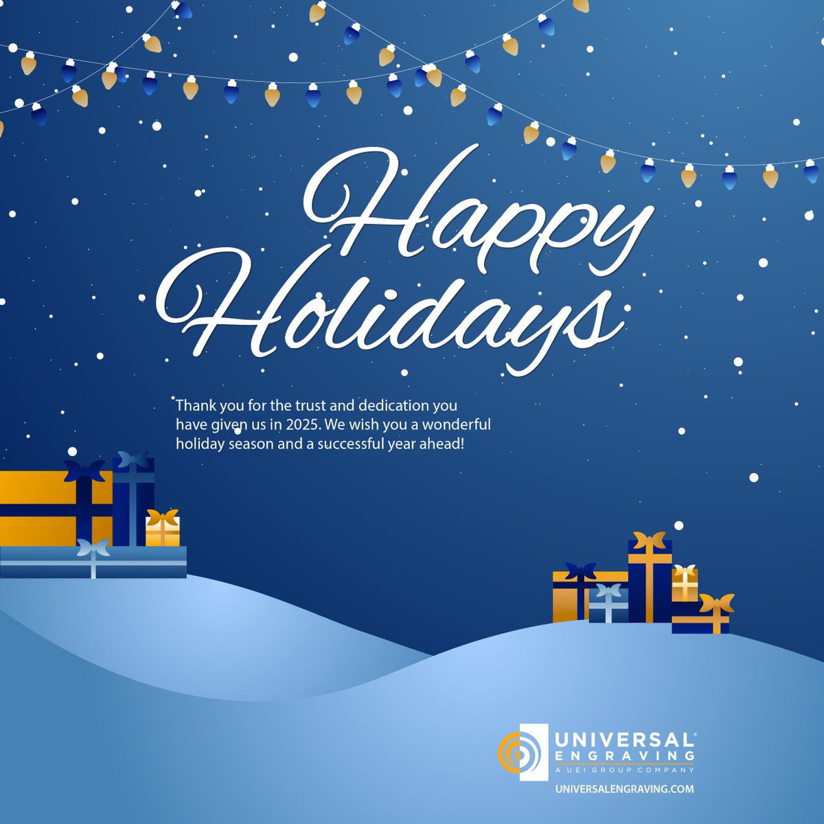 UniversalEngrav's tweet photo. Happy holidays from all of us here at Universal Engraving! Wishing you a season filled with happiness and warmth as we look forward to the exciting things to come in the new year. We are grateful for the support you have shown us this year. https://t.co/yWU5xJDuCh