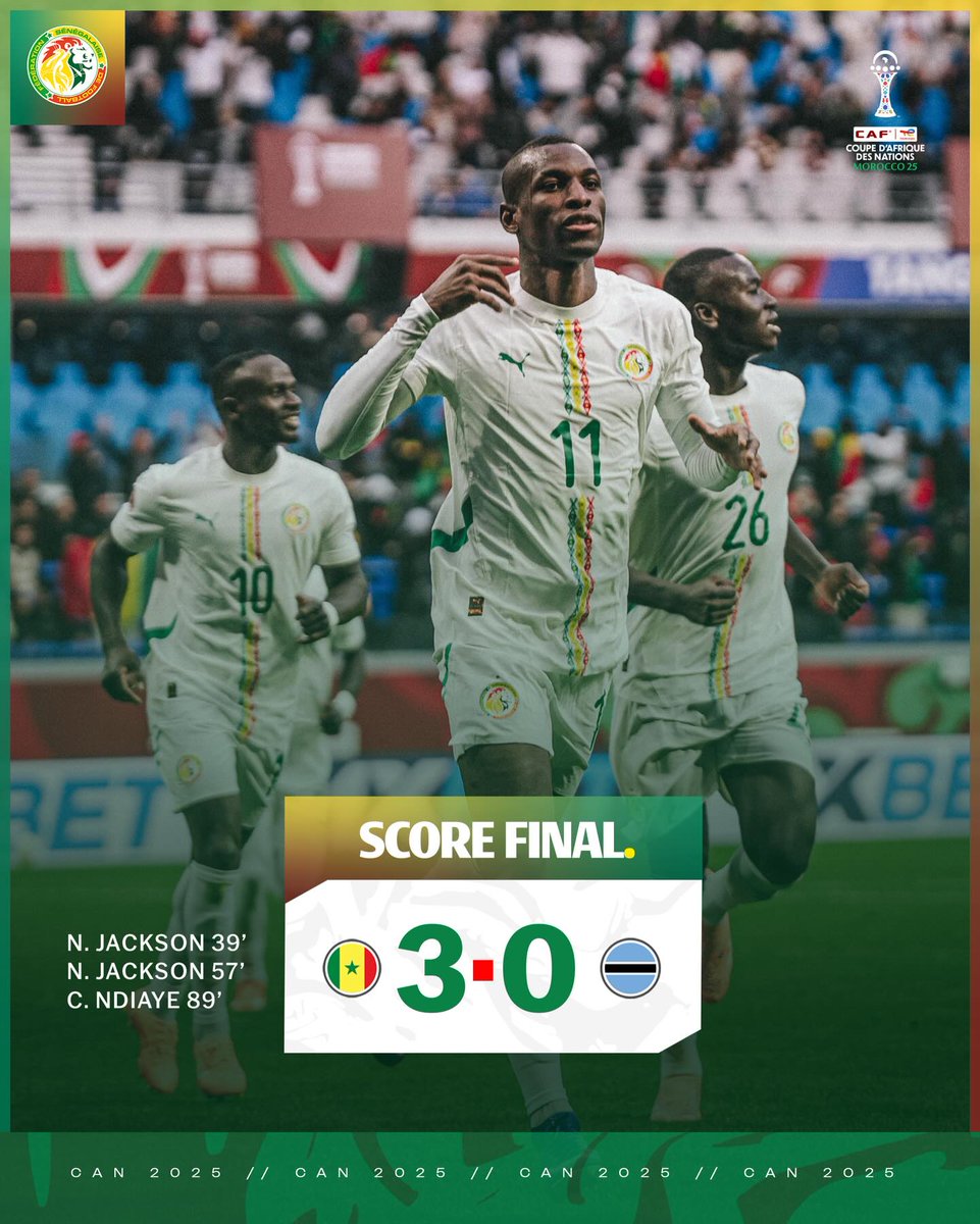 Fall_Dams's tweet image. Grâce à un doublé de Nicolas Jackson et un but de Pape Cherif Ndiaye, le Sénégal 🇸🇳 lance idéalement sa compétition en s’imposant 3-0 face au Botswana. #SENBOT
Prochain rendez-vous dans le groupe D le 27 décembre à 15 heures contre la RD Congo.