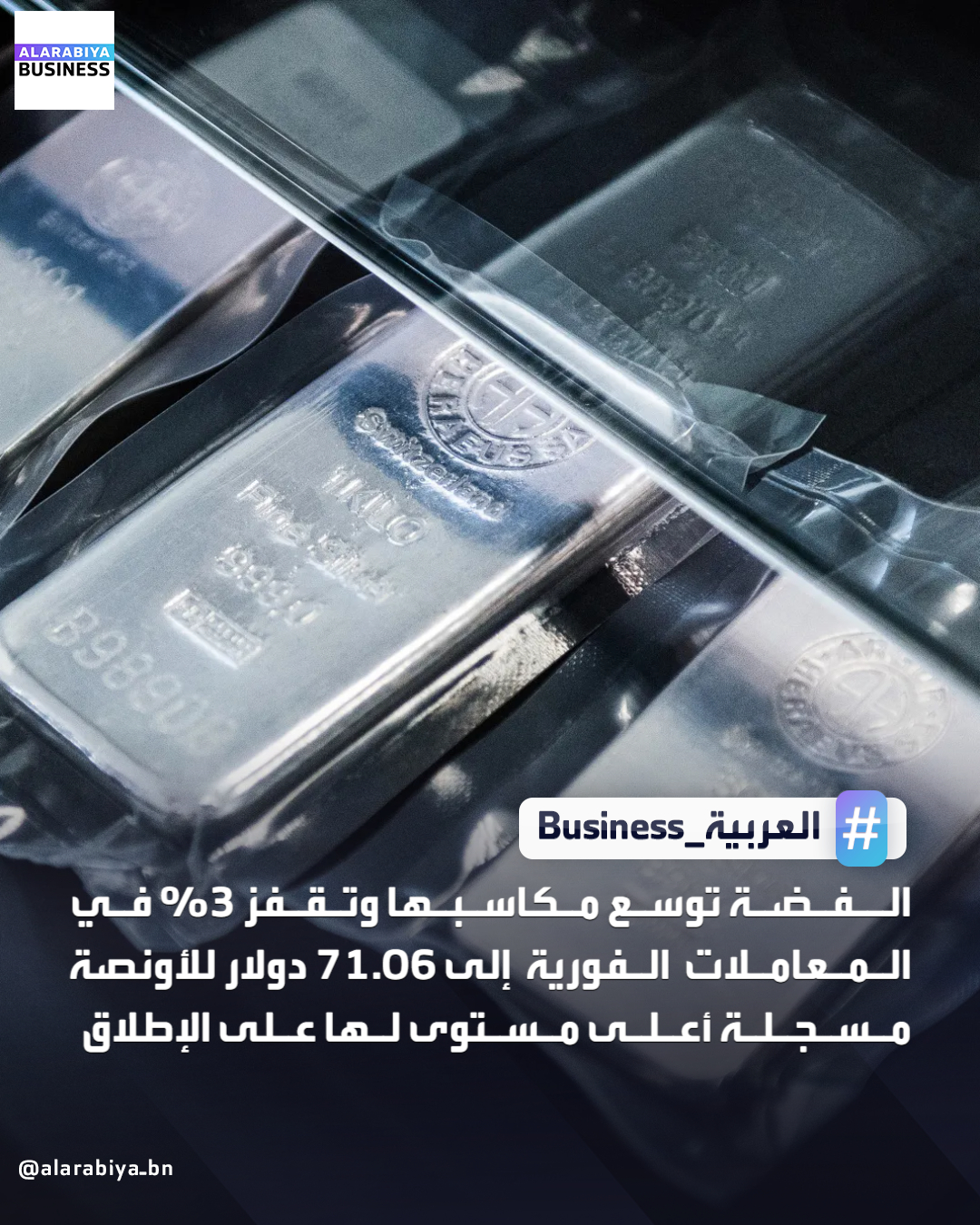 الفضة توسع مكاسبها وتقفز 3% في المعاملات الفورية إلى 71.06 دولار للأونصة مسجلة أعلى مستوى لها على الإطلاق _Business 