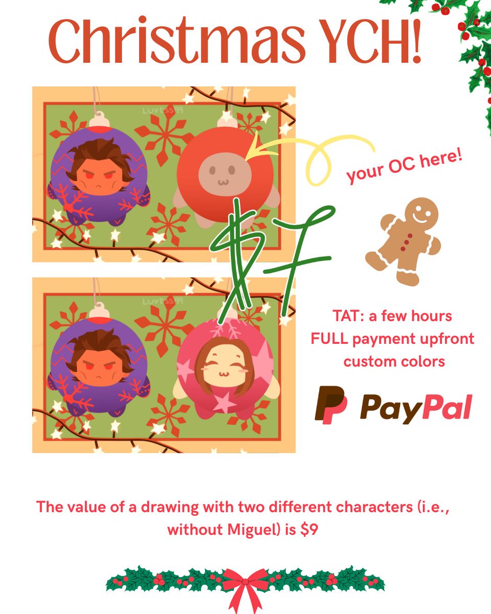 luvtss99's tweet image. some comms of the Christmas YCH 
#MiguelOhara still slots open ❤️💚