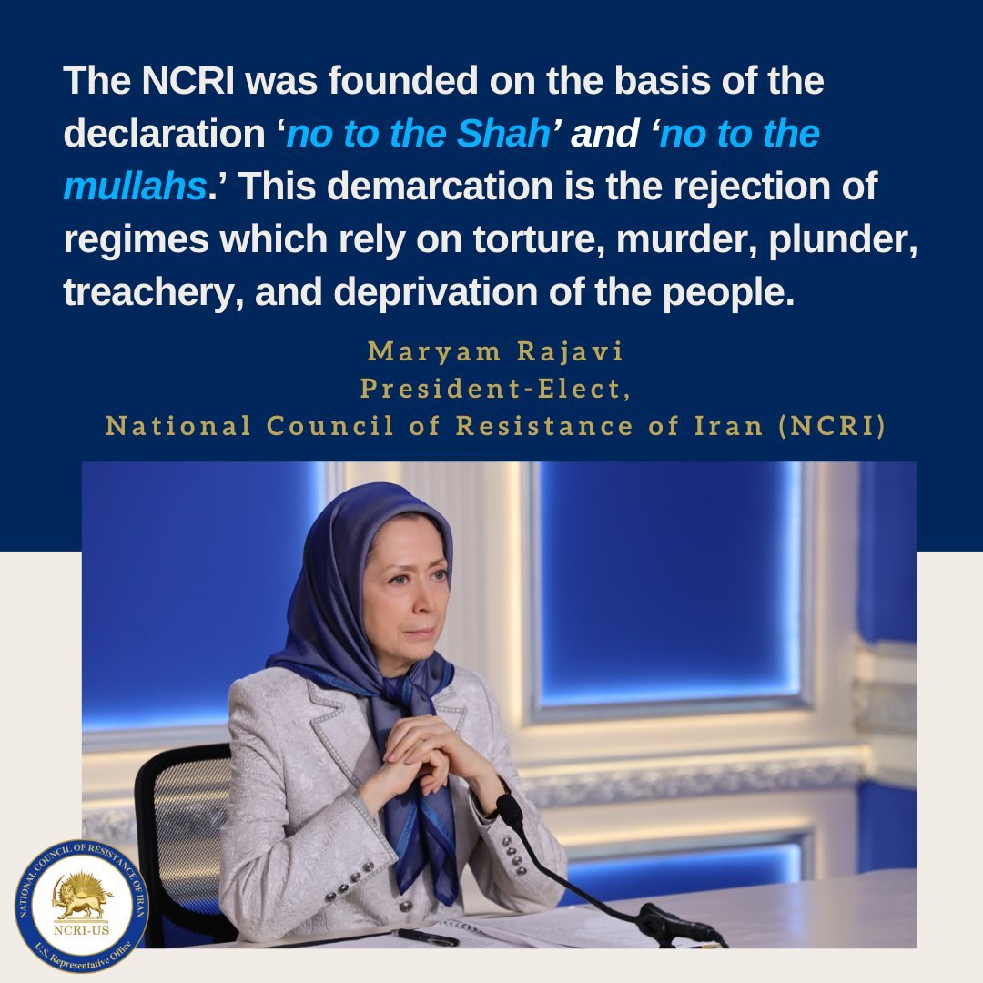 NCRIUS's tweet image. 🟦 NCRI's demarcation in the words of Maryam Rajavi
🟧 Mrs. Rajavi is the President-elect of the National Council of Resistance of Iran (NCRI) for the provisional government during the period to transfer sovereignty to the people of Iran. 
#Iran #FreeIran10PointPlan