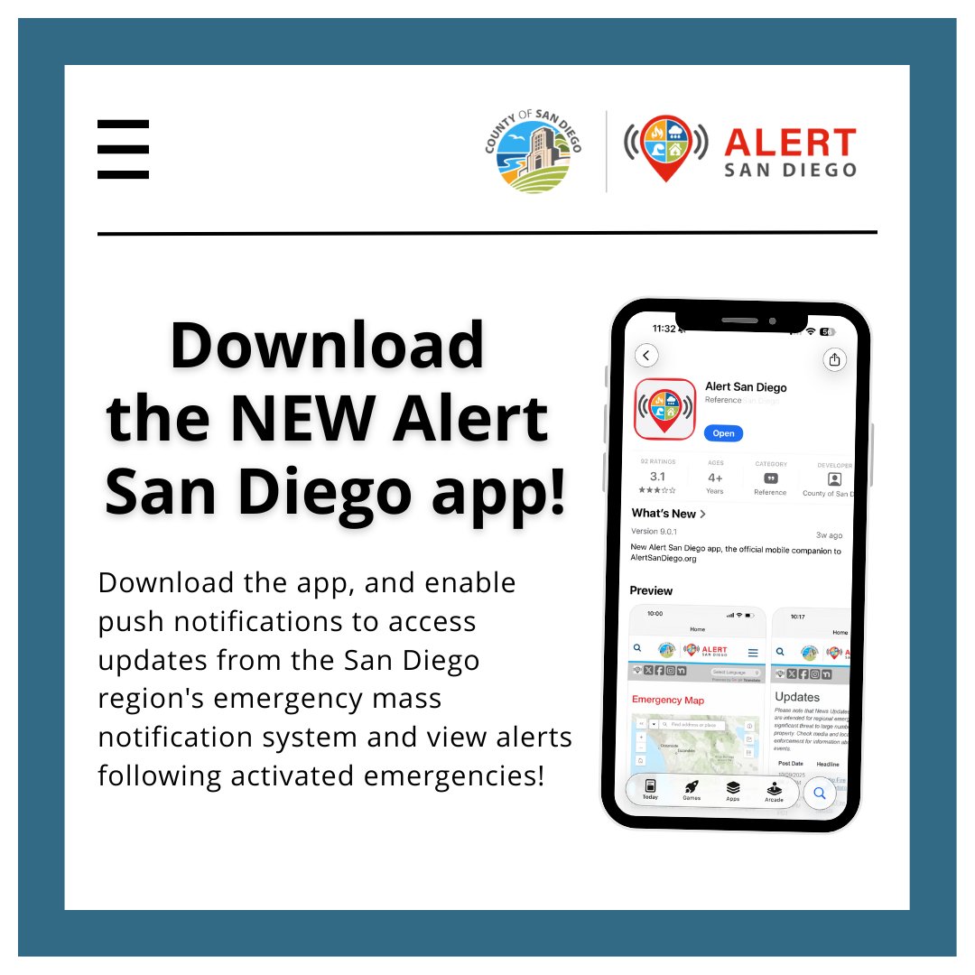 The new Alert San Diego app is the fastest way to get critical emergency information right on your phone. It provides real-time alerts, and essential resources in one place. Download the latest official emergency app today at the link: bit.ly/3TC3Yj5

#SDEmergencyApp