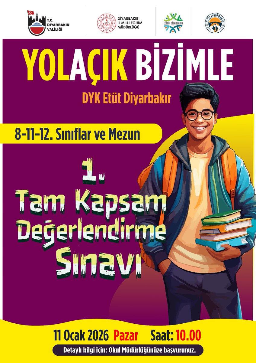 🌟 YOL🅰️ÇIK BİZİMLE📝

YKS ve LGS Sınavlarına hazırlanan öğrencilerimizin akademik gelişimini desteklemek amacıyla hayata geçirilen DYK Etüt Diyarbakır Projesi kapsamında, 17 ilçemizdeki 114 kurs merkezinde 1. Tam Kapsam Değerlendirme Sınavı gerçekleştirilecektir.

🗓️ 11 Ocak
