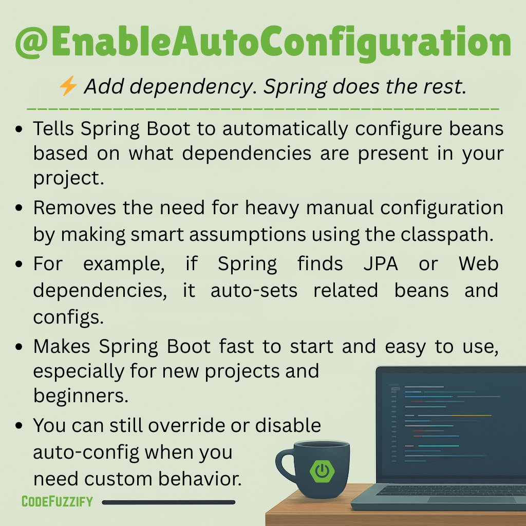 itsvaibhavp's tweet image. 🔹 Annotation #26 — @EnableAutoConfiguration

#SpringBoot #Java #Spring #SpringAnnotations #SpringSeries