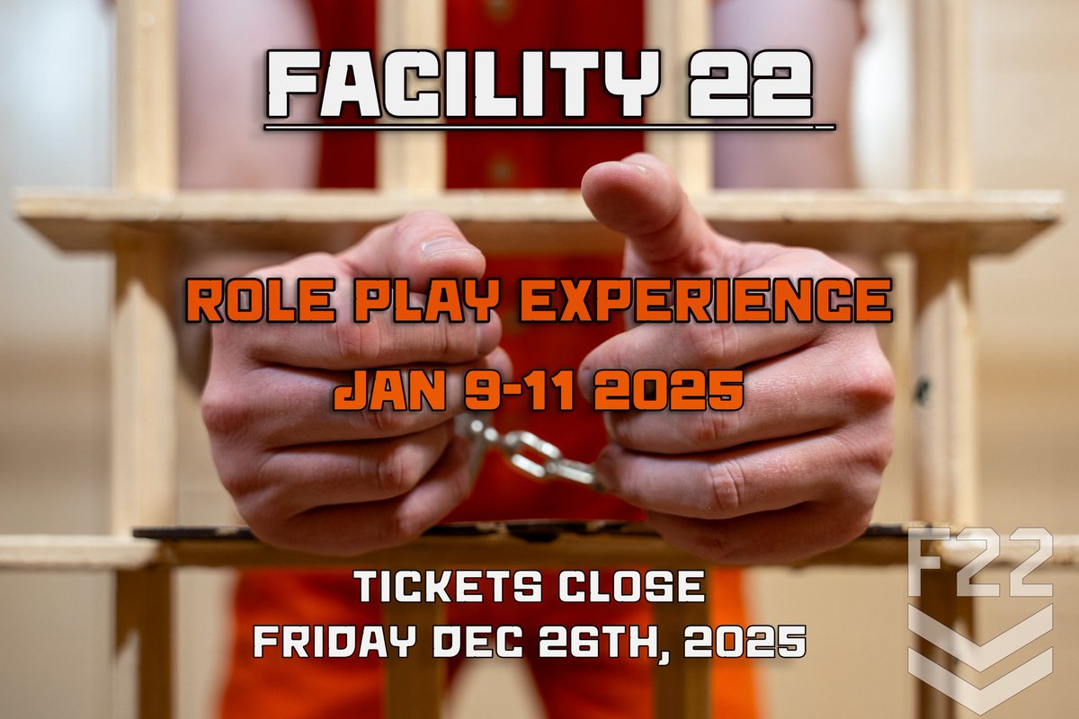--- JAIL ROLE PLAY EVENT ---

Jan 9th - 11th

TICKETS CLOSE FRIDAY DEC 26TH!! 

We have both inmate and guard spots open. 

Inmate - 8/10 - 2 spots open
Guard - 5/12 - 7 spots open

To join this event or another visit Jailevents.com 

#F22 #facility22 #jailroleplay