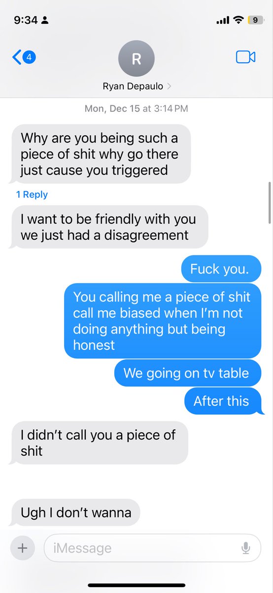 martin_zamani's tweet photo. Don’t know why this leech @depaulo_ryan is still talking. 

Look at this fucking little cockroach begging me not to out him on stream. 
As soon as I said to him stfu or I’ll bring up bracelet. He left the table and started texting me this.  You can even see on stream how quiet he is. When I say at least you played this hand yourself you didn’t phone a friend. 
You think he would text me this shit if he wasn’t a scumbag?  

Ryan called me biased. 
In the hand the drunk guy was getting unfairly treated, it not to my benefit to help the drunk guy call off the rest of his stack. I obviously prefer the drunk guy having a lot of chips.   

The dealer should have made him put the 1M call in first. 
Then counted second all in. 

The other player demanded dealer doesn’t count his stack because the drunk guy didn’t ask. But that doesn’t matter in shot clock events. 
All amounts have to be announced.  The guy said 10 other things that could be construed as all in before his hand was mucked.  He has 10 timebanks the players can not influence his action saying  “do you fold? You can fold.  “
You have to first count the stacks make him put the first  all in first and then let him make his second decison. Whatever  that maybe be in this situation. 

While the drunk guy is responsible so is everyone to protect the integrity of the game,  the whole situation was bad for everyone and Everyone in the hand was out of line 

But to use the angle I was angling to force the drunk guy to call off with a bad hand makes no sense. Ryan on stream said he’s using his 20 seconds every hand to fold after winning the hand. He’s just hunting some EV here as he’s getting stacked by 8 highs on the rivers. 
Begging for sympathy so I don’t out you so you can be fake as fuck and earn $ apologizing in text but saying that shit on vlog. 

He walked away from table and started texting me this apologizing.  
Yall are jokes.