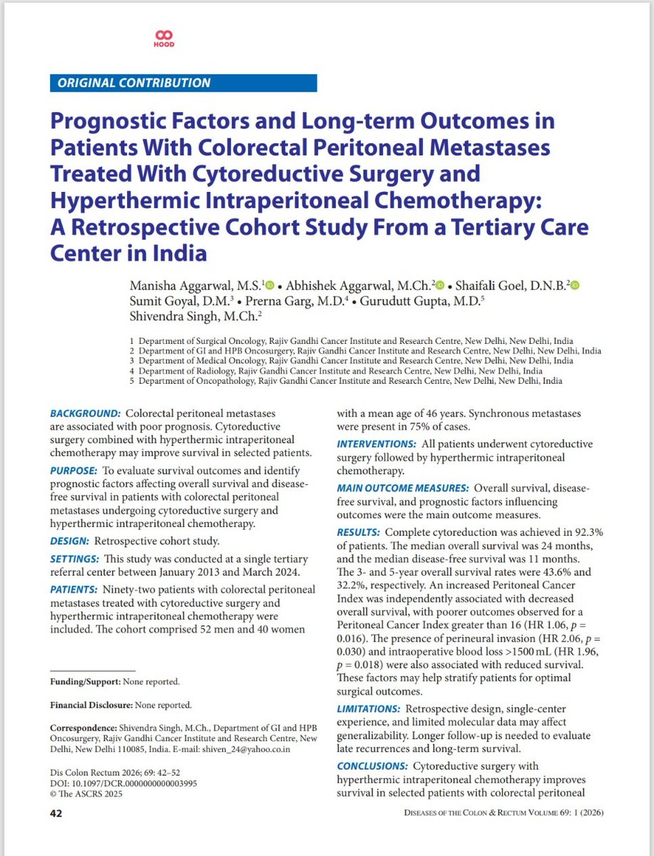 shivendraOnco's tweet photo. Our publication on crs + hipec in crc with peritoneal mets https://t.co/0XD5bRVdWF
