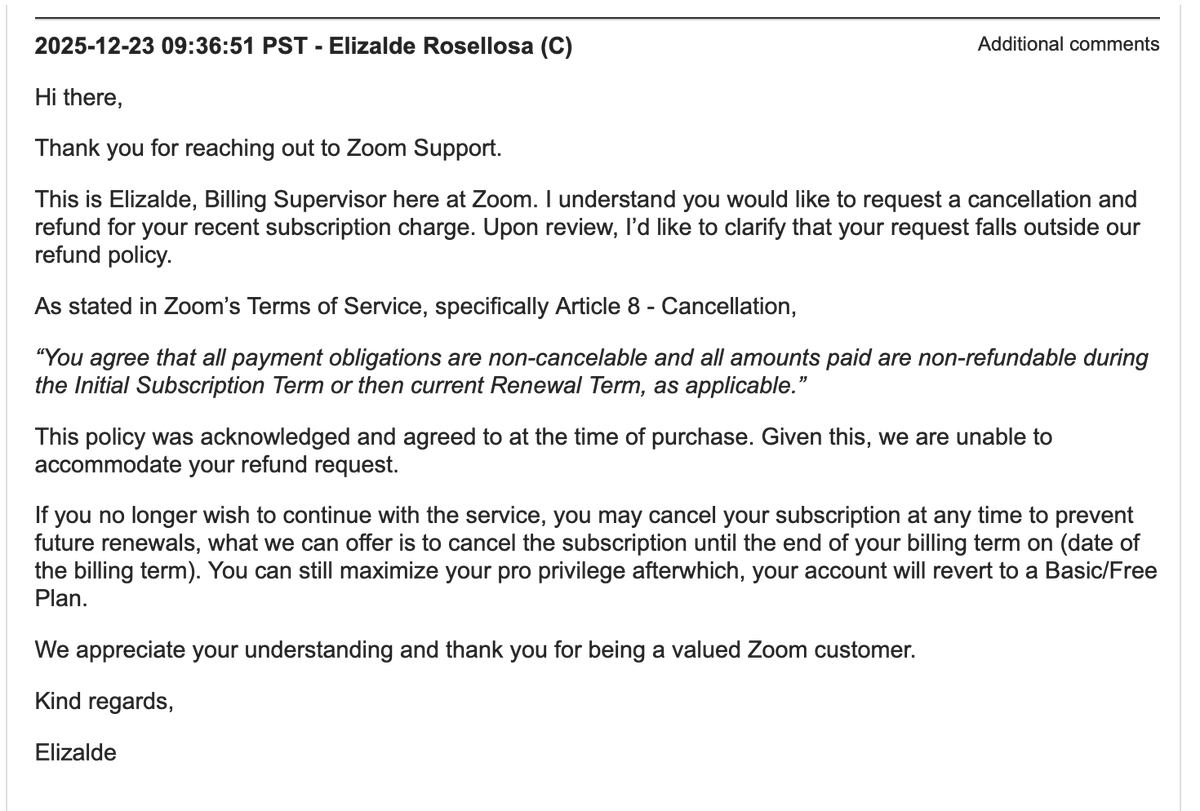 maharabensis's tweet photo. @ericsyuan, we don't use Zoom Webinar monthly. Last November, we purchased it for a month's use, but it's definitely not in the plan to procure it for December, and yet Zoom billed without warning. I requested a refund, but your staff, unfortunately, lacks critical thinking. https://t.co/7duMO5ePjh