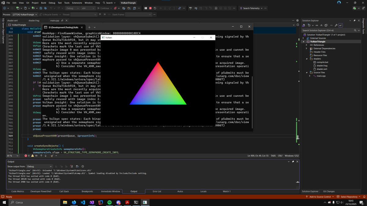 Learning Vulkan and finally got the triangle to show. Why learn OpenGL when you can directly go the hard way? lol 😎
