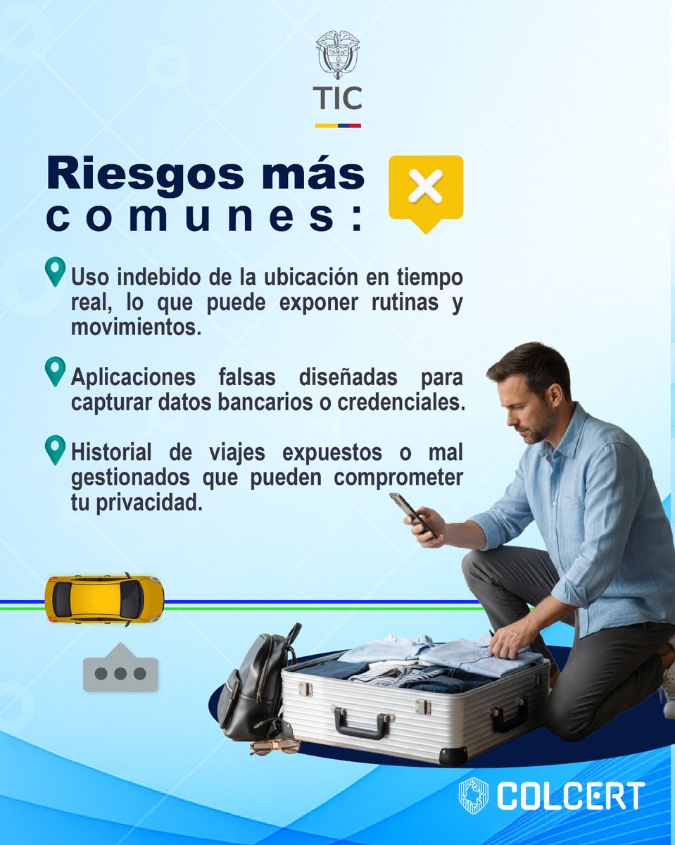 colCERT's tweet photo. En temporada de festividades crece el uso de apps de transporte.🚗 Estos servicios recopilan datos sobre recorridos y ubicación, por eso es clave protegerlos. ✅ Desde el #ColCERT compartimos riesgos y buenas prácticas para que te desplaces de forma segura y cuides tu privacidad. 🤝
#MásPreparados #MinTIC #MásResilientes