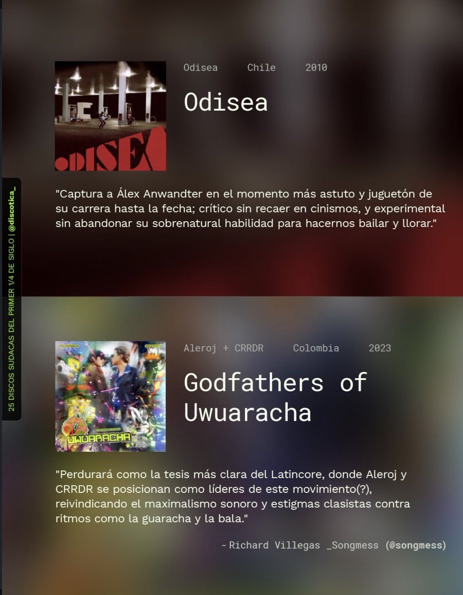 Holi, pasé por Discótica a reseñar algunos álbumes de música electrónica que considero fundamentales (en español!!!)

Agradecido por el espacio e invitándoles a siempre estudiar los textos sagrados (metieron a Miranda 🙂‍↕️)

discotica.com
