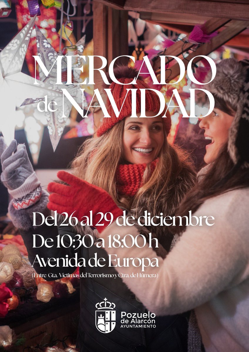 🎄 MERCADO DE LA NAVIDAD 🎄

📅 26–29 diciembre | 🕥 10:30–18:00
📍 Av. de Europa

✨ Decoración y hogar, moda y complementos, flores, bisutería y gastronomía, con ambiente festivo y actividades para todos.