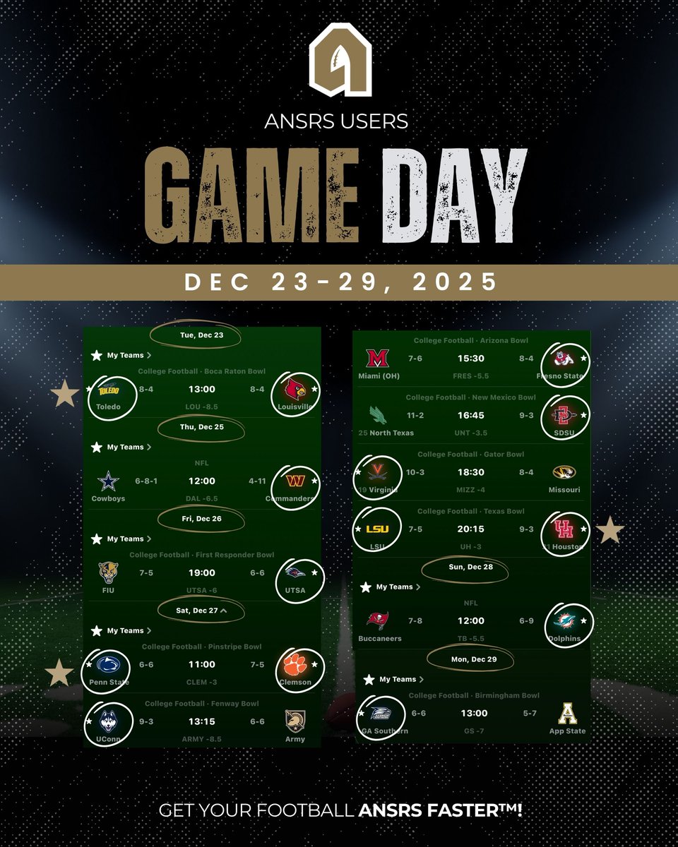ANSRSFB's tweet image. Holiday week, game on🏈🎄Dec 23-29 schedule for the teams using ANSRS!! 🗓️ Times are in CT!💥

Learn about ANSRS!⬇️
🔗: ansrs.ai/?utm_source=x&amp;amp;… #ANSRS #FootballSoftware