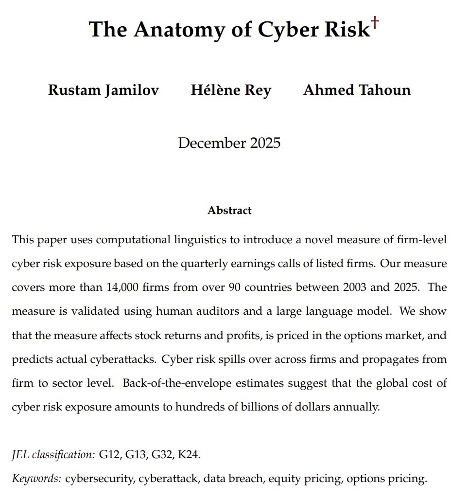 The much improved draft of "The Anatomy of Cyber Risk" with <a href="/helene_rey/">Hélène Rey</a> and Ahmed Tahoun is now available online.

Link: users.ox.ac.uk/~econ0628/Cybe…