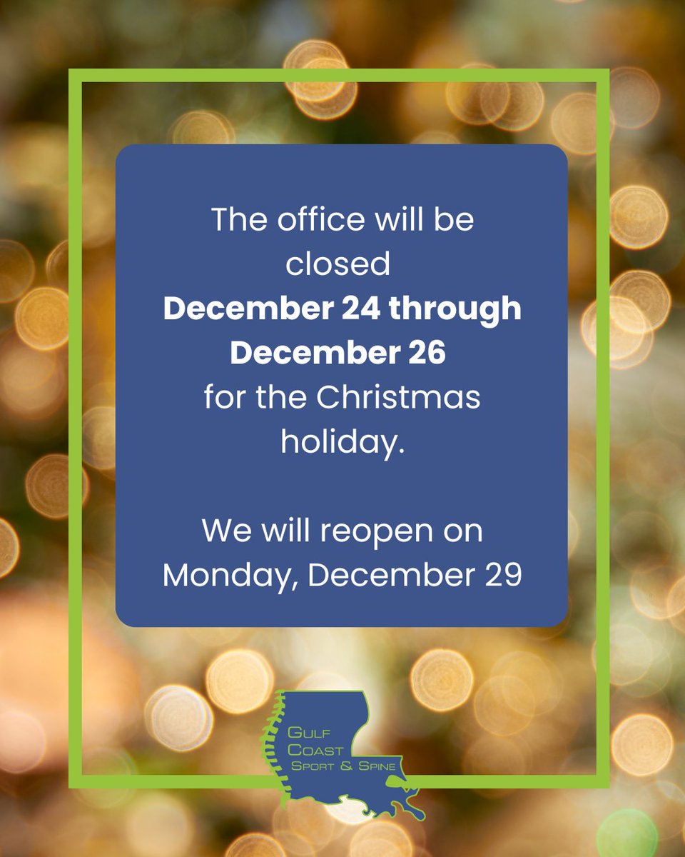 GCSS_Chiro's tweet image. Warm holiday wishes from Gulf Coast Sport &amp;amp; Spine! 🎄✨

Our office will be closed during the Christmas holiday as we spend time celebrating with loved ones. We hope your holiday is filled with joy, rest, and good health!

#crackdat