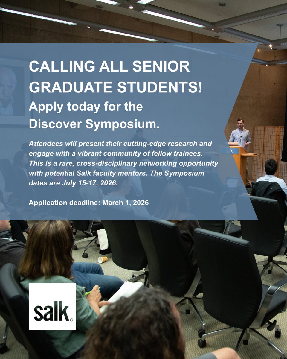 Calling soon-to-be-postdocs!

Applications are now open for the 2026 Salk Discover Symposium!

This three-day, fully funded program (July 15–17, 2026) brings exceptional future postdoctoral researchers to the Salk Institute to present their work, build connections with peers, and