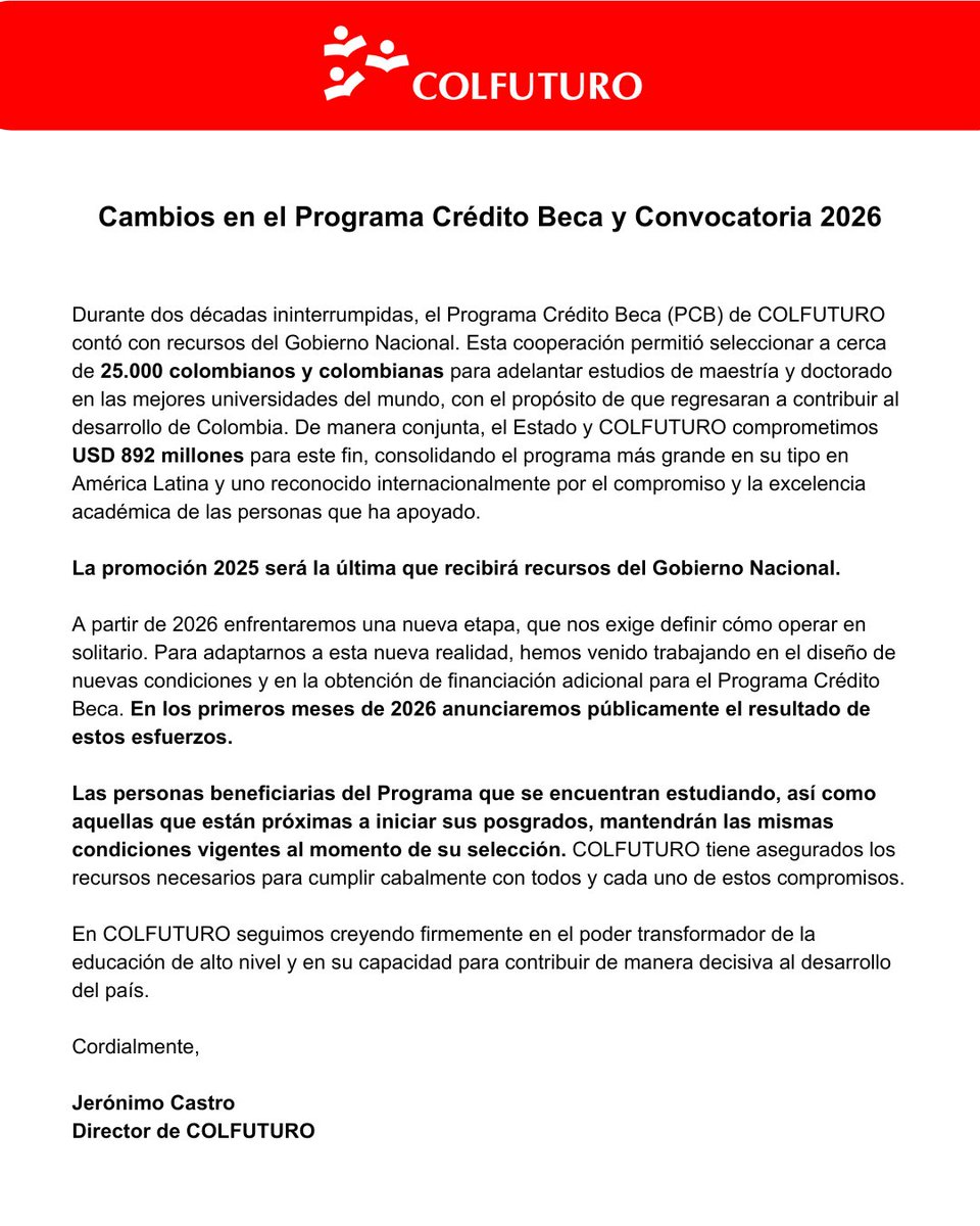 Colfuturo's tweet image. Seguimos comprometidos con acompañar el proyecto académico de colombianas y colombianos.

A partir de 2026, COLFUTURO operará de manera independiente, tras la finalización del convenio con el Gobierno Nacional —siendo la promoción 2025 la última en recibir estos recursos—.

Hemos…