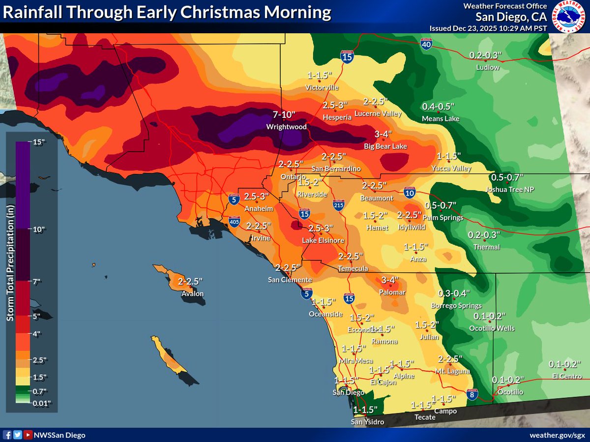 Here is a thread about the upcoming storms:
A flood watch is in effect for widespread heavy rain late tonight through Wednesday. Totals have trended down a bit in San Diego, but heavy rain bands may locally increase totals above what is shown. Slight chance of thunderstorms!