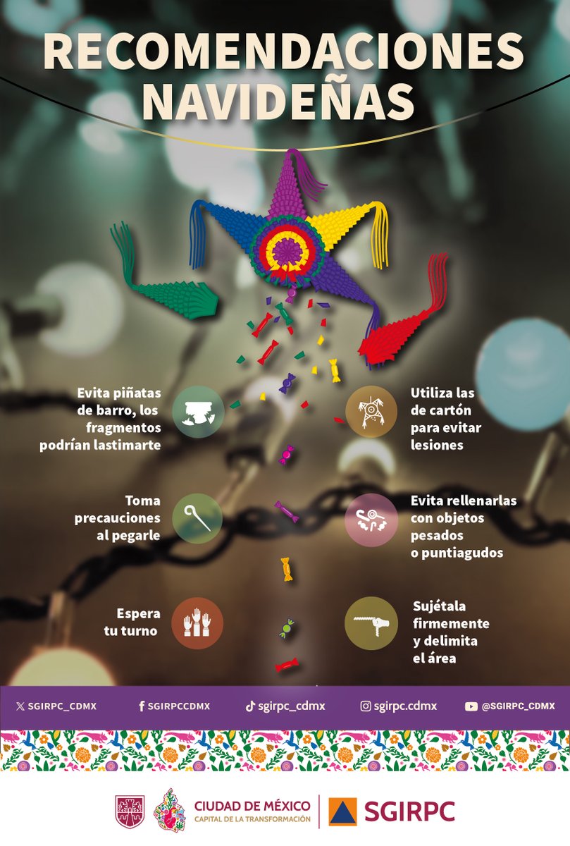 SGIRPC_CDMX's tweet image. 🪅  Llegaron las #posadas y con ellas las coloridas #piñatas. Atiende las siguientes medidas de prevención para evitar accidentes. 

#LaPrevenciónEsNuestraFuerza
