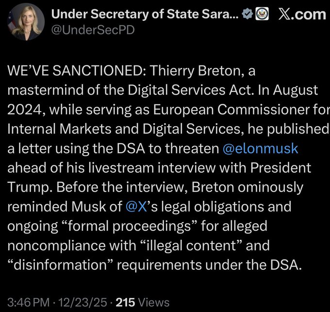 The Trump administration has now begun to sanction European officials for fining Elon Musk. Whatever was left of the transatlantic partnership has just died tonight.