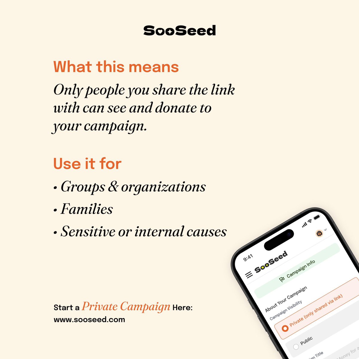 Yayyy! Sooseed just dropped a game-changing feature 🥳  
Now you can launch PRIVATE campaigns – keep it hush-hush and share only with your inner circle 🤫✨  

Perfect for secret Christmas gift pools, surprise support, or donations from your real faves 🎄🎁🙂‍↔️  

Head to the