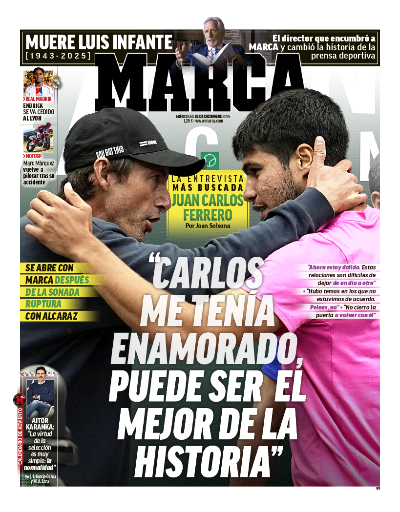 marca's tweet image. 📰 #LaPortada

🗣️ "Carlos me tenía enamorado. Puede ser el mejor de la historia"

🎾 La entrevista de MARCA a Juan Carlos Ferrero protagoniza nuestra primera de este miércoles