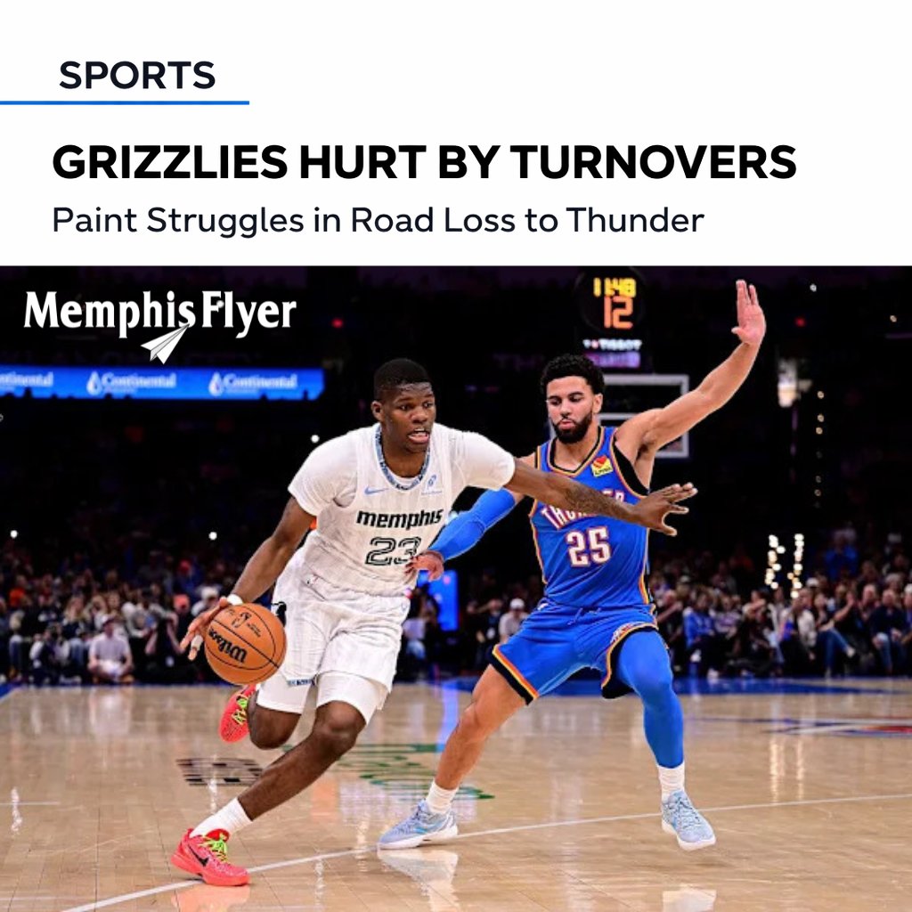 flyergrizblog's tweet photo. Turnovers and paint points told the story in Memphis’ road loss in OKC. No time to linger — the Grizzlies are back at it tonight (Dec. 23), facing the Jazz at 8 p.m. on the second night of a back-to-back, looking for a response. ✍️🏾 @SharonShyBrown ⤵️⤵️ https://t.co/hCwZBwdKZe