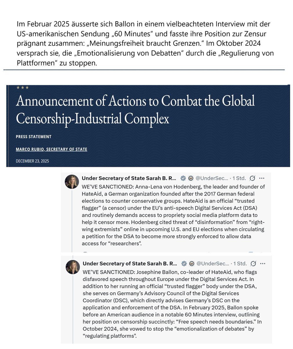 eCom_ki's tweet image. 🔴Die US-Sanktionen vom 23.12.2025 zielen auf das Ökosystem der Zensur-NGOs ab. 

Unter den sanktionierten: #HateAid 

#NGO #MercatorStiftung #LandeckerStiftung #Campact #Zensur  

state.gov/releases/offic…